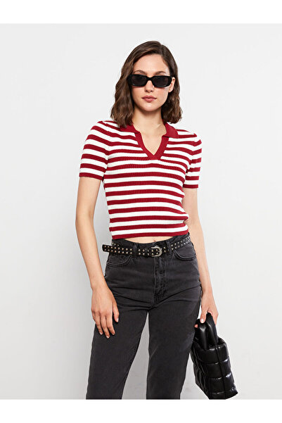 LC Waikiki Red Polo Neck Striped Short Sleeve Women's Knitwear Sweater