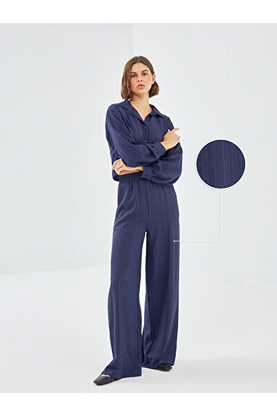 LC Waikiki Navy Blue Elastic Waist Textured Women's Trousers