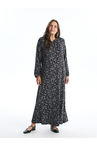 LC Waikiki Black Tie Neck Floral Long Sleeve Dress