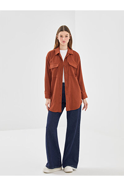 LC Waikiki Turuncu Oversize Kadife Kadın Gömlek Tunik