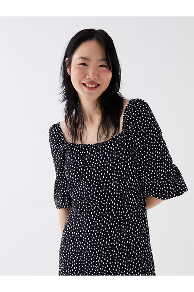 LC Waikiki Black U-Neck Patterned Moroccan Dress