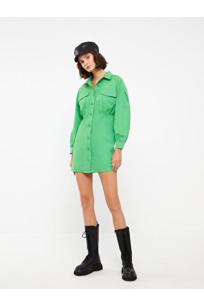 LC Waikiki Γυναικείο πουκάμισο LCW Vision Πράσινο ίσιο μακρυμάνικο Gabardine