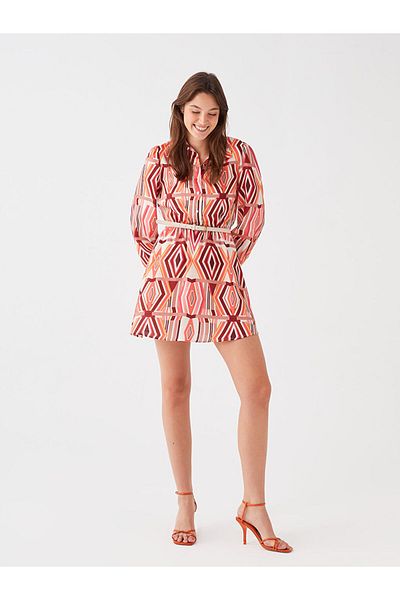 LC Waikiki Lcw Vision Red Print Long Sleeve Satin Women's Shirt Dress