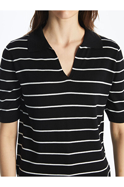 LC Waikiki Black Polo Neck Striped Short Sleeve Women's Knitwear Sweater