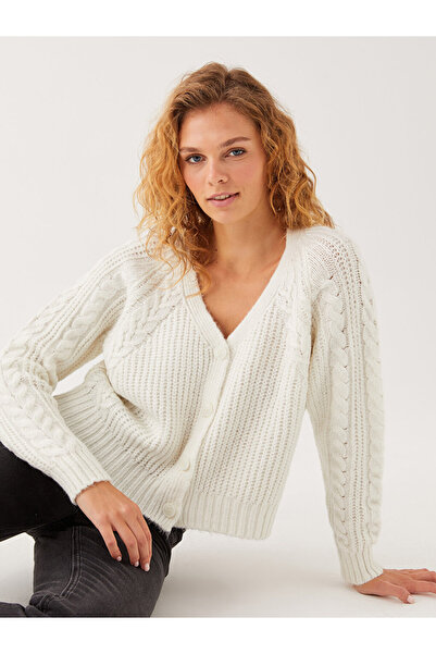 LC Waikiki Long Sleeve V-Neck Patterned Women's Knitwear Cardigan