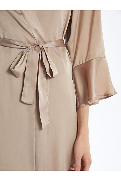 LC Waikiki Beige Shawl Collar Plain Long Sleeve Satin Women's Dressing Gown