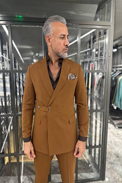 Fc Plus İNGİLİZ YAKA YANDAN KEMERLİ PREMİUM KAHVE TAKIM ELBİSE