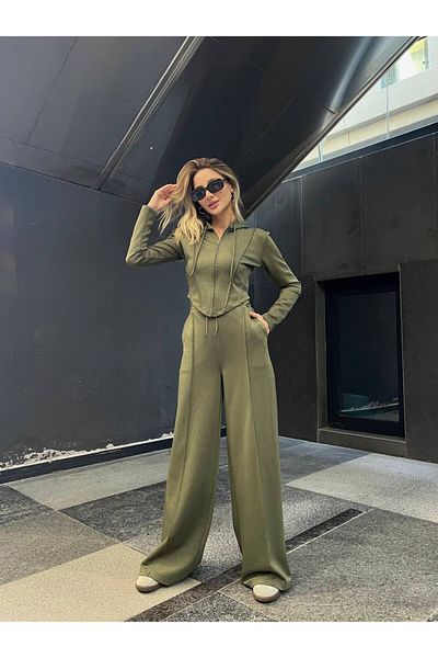 popibutik Women's Hooded Bodice Form Modal Fabric Khaki Tracksuit Set