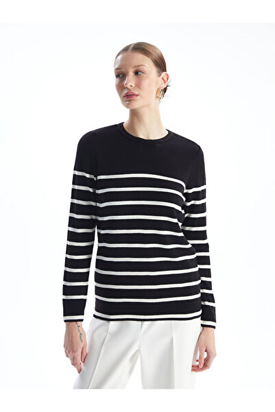 LC Waikiki Black Crew Neck Striped Long Sleeve Women's Knitwear Sweater