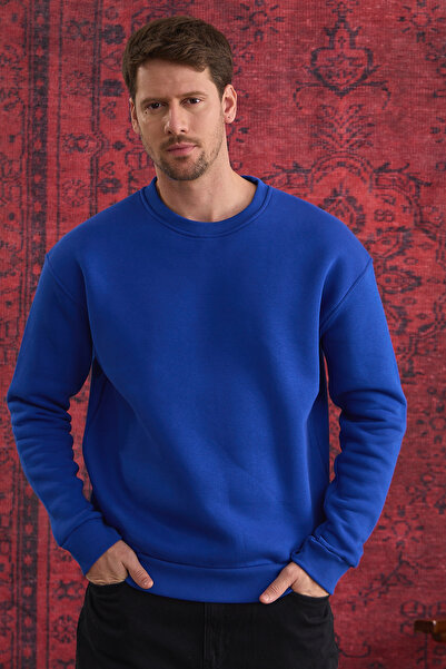 MAXIMILLIAN Erkek %100 Pamuk Oversize Bisiklet Yaka Basic 3 İplik Kumaş Şardonlu Sweatshirt LACİVERT