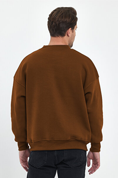 MAXIMILLIAN Erkek Boğazlı Nakışlı Oversize Sweatshirt  KAHVE