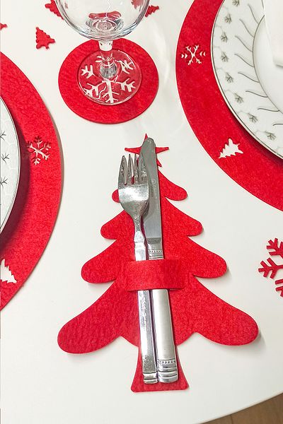 Kuzeylina Red 6-Piece Decorative Pine Tree Cutlery Holder - Christmas Decor, 3mm Felt
