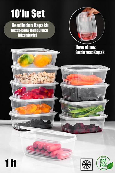 Porsima 10 Pieces of Airtight Leak-Proof Storage Container with Lid - Suitable for Deep Freezer 1Lt