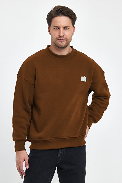 MAXIMILLIAN Erkek Boğazlı Nakışlı Oversize Sweatshirt  KAHVE