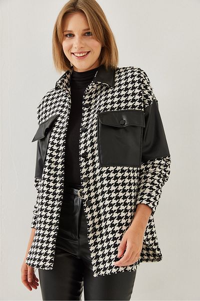 Bianco Lucci Női Houndstooth mintás bőr díszítésű bélyegző ing 60351193