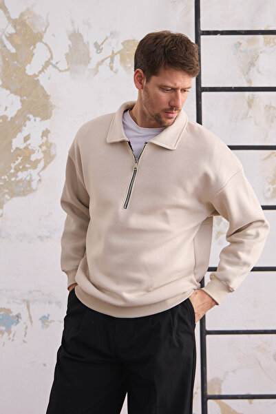 MAXIMILLIAN Ανδρικό μπεζ φούτερ - Μισό φερμουάρ, κανονική εφαρμογή