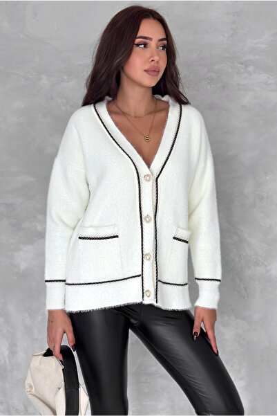FEMELLE Women's Ecru Standard Size Double Pocket Pearl Button Embroidered Knitwear Cardigan