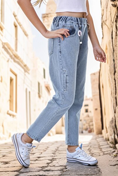 Dalikda Kız Çocuk %100 Pamuk Bel Lastikli Mom Fit Dar Paça  Jean Kot Pantolon