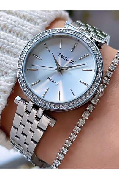 Ferrucci MİLANO ÇELİK KORDON TAŞ MOTİFLİ 3 ATM SU GEÇİRMEZ KADIN KOL SAATİ+Bİ...