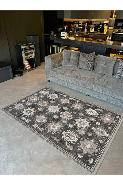 Rugs Modern Halı Umay Koleksiyonu Eskitme Görünümlü Koyu Gri Desenli Dokuma T...