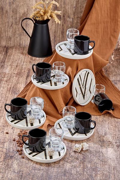 Erbaşlar Set de căni de cafea din 18 piese pentru 6 persoane cu farfurie de prezentare și cești laterale pentru cafea