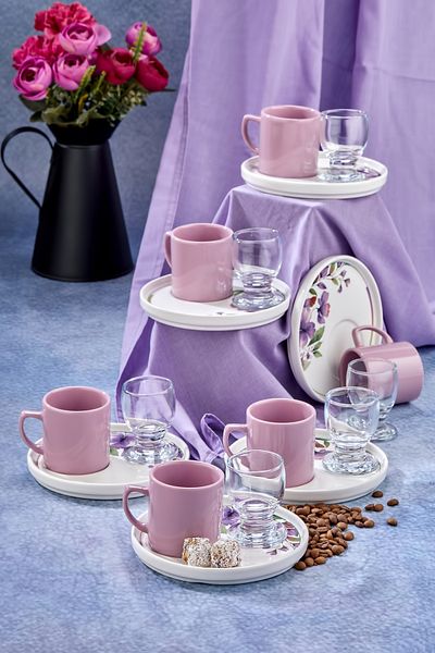 Erbaşlar 18 Piece Coffee Cup Set for 6 People with Presentation Plate and Coffee Side Cups