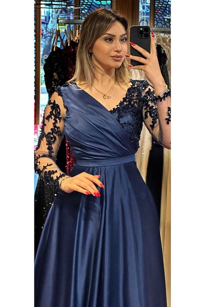 Abiyeniall Navy Blue Long Evening Dress with Satin Lace Flared Skirt - 7510
