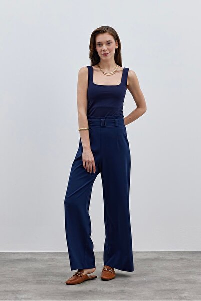 Fahhar Navy Blue Belted Women's Trousers