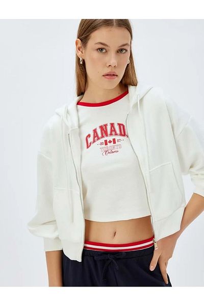 Koton Hooded Zippered Crop Sweatshirt 5Wak10056Ek - Ecru