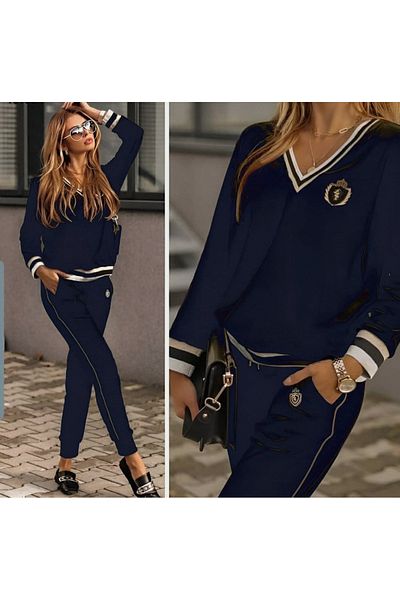 Simala Women's Long Sleeve V Neck Collar and Sleeve Stripe Detail Embroidered Velvet Suit