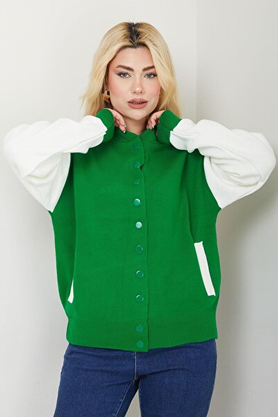 SENSTIL Πράσινη ζακέτα πλεκτή με γιακά Bomber - SS2615 με κουμπώματα