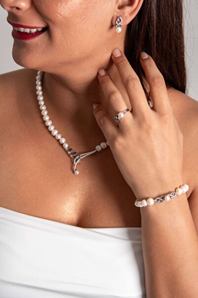 Sinemkacay 925 AYAR GÜMÜŞ RODYUM (BEYAZ ALTIN) KAPLAMA GERÇEK İNCİ SET