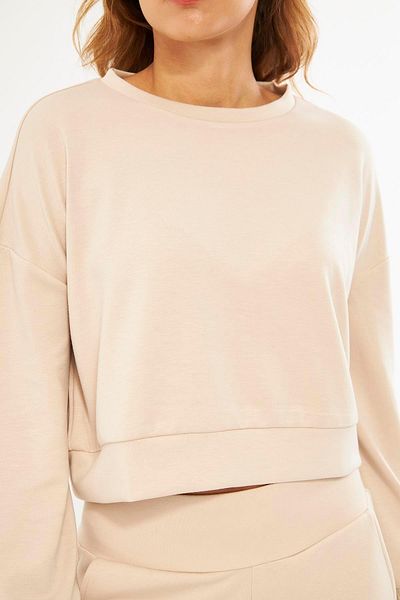Chandraswear Beige Women's Long Sleeve Crop Sweatshirt - Gobi