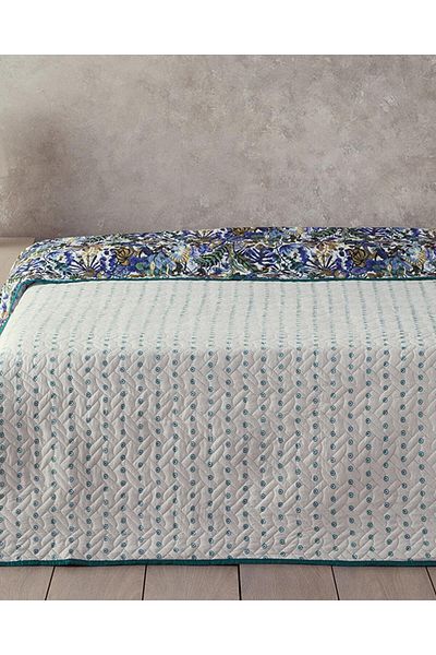English Home Pătură albastră King Size - Charm floral cu două fețe, multifuncțional
