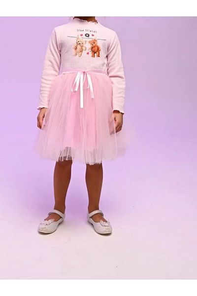 neocotton Rochie pentru fetiță, căptușită din bumbac, cu mânecă lungă, cu imprimeu cu ursuleți de pluș