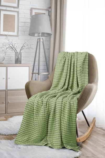 TeksNil Home |   100% Cotton Waffle Pattern Green Double Pique | Bedspread |   200X230 |   Multi-Purpose Cover