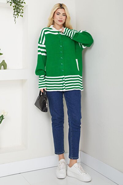 SENSTIL Cardigan din tricot bomber cu dungi verzi - SS2621