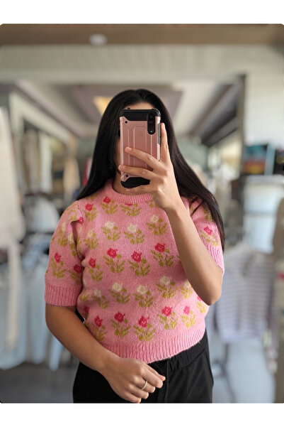 Sublime Butik Kadın Petite Gül Desenli Kısa Kol Kazak