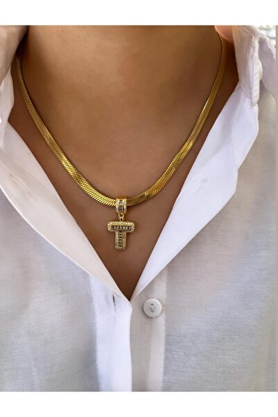 YASİN TOPÇU قلادة من الفولاذ باللون الذهبي على شكل حرف T مقاس 45 سم