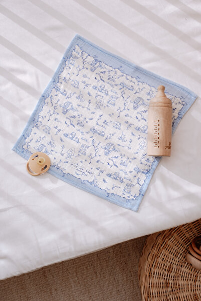 Atelier Babbi 100% Cotton Muslin Baby Blanket and 3-Piece Diaper Set - Toile De Jouy / Blue