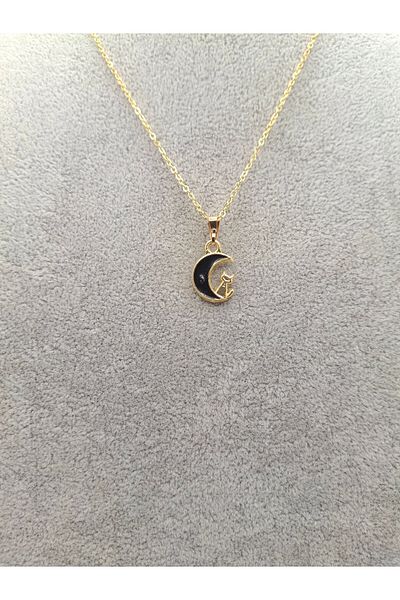 Han Ticarethane Crescent Moon Necklace with Gold Color Cat