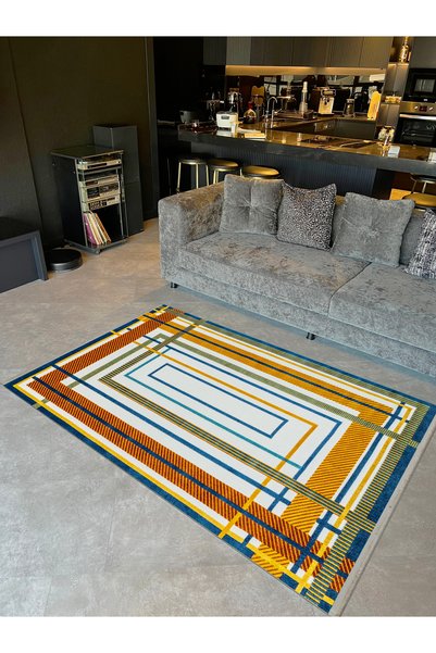 Rugs Modern Halı Umay Collection Navy Blue Orange Green Lines Patterned Woven...