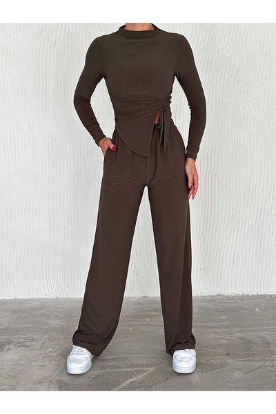 aytenli Palazzo Pants with Stand Collar and Triangle Cut - Long Sleeve Sandy Set with Pockets and Elastic Waist