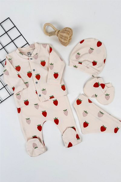 volardia Newborn Strawberry Patterned Cotton 5-Piece Hospital Outlet