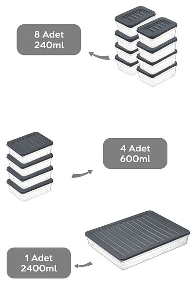 Meleni Home 13-Piece Anthracite Refrigerator Organizer Set - 1X2400Ml 4X600Ml 8X240Ml Microwave Freeze Container