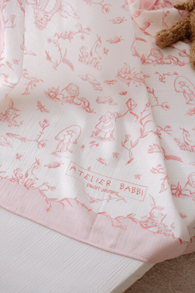 Atelier Babbi 100% Cotton Muslin Baby Blanket and 3-Piece Diaper Set - Toile De Jouy / Pink