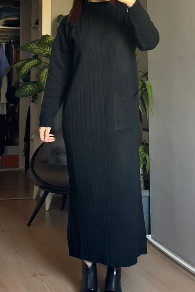 Qenz Πλεκτό φόρεμα Half Corded Pocket - Μαύρο