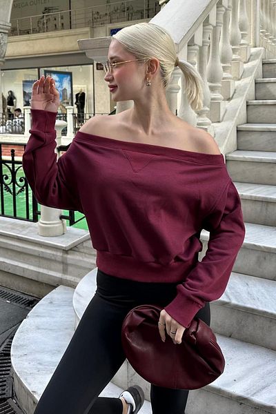Madmext Burgundy Boat Neck Women's Sweatshirt Mg2239