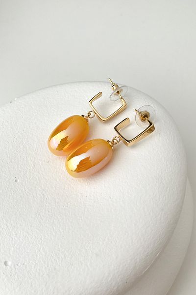 Modex Yellow Oval Earrings - Mother of Pearl Dangle, Size:4cm