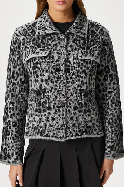 Ritnice Γυναικεία ζακέτα Laura Soft Texture Grey Polo Collar Pocket Πλεκτό Παλτό Ζακέτα